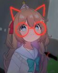  1girl ahoge blue_eyes blue_sailor_collar bow bowtie brown_hair cardigan closed_mouth commentary drawn_ears from_side goyu24 green_bow green_bowtie hair_between_eyes hair_ornament hair_ribbon hat heart heart_hair_ornament highres indoors long_hair looking_at_viewer neuro-sama neuro-sama_(1st_costume) party_hat red_ribbon ribbon sailor_collar solo two_side_up untranslatable_commentary upper_body vedal_ai virtual_youtuber yellow_cardigan 