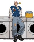 1boy alternate_costume baggy_pants bandana billy_kane black_shoes blonde_hair blue_eyes blue_jacket blue_pants blush closed_mouth commentary denim earrings fatal_fury full_body highres jacket jeans jewelry laundromat laundry_basket leaning letterman_jacket male_focus musical_note pants plasticcero99 shoes short_hair simple_background sneakers solo spoken_musical_note stud_earrings the_king_of_fighters torn_clothes torn_jeans torn_pants untranslatable_commentary white_background white_sleeves 