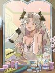  1girl absurdres aya_(trickcal) bedroom breasts chloe_(trickcal) cleavage collarbone commentary_request cosmetics daya_(trickcal) dragon_ears dragon_girl dragon_horns dragon_wings drill_hair drying drying_hair drying_own_hair ed_(trickcal) epica_(trickcal) fang forehead grey_hair hair_dryer hat highres horns indoors julmunui_songsari korean_commentary lipstick_tube long_hair looking_at_mirror medium_breasts mirror negligee open_mouth parted_bangs pointy_ears red_eyes slit_pupils smile solo trickcal ui_(trickcal) unworn_earring unworn_hat unworn_headwear very_long_hair vivi_(trickcal) white_negligee wings xion_(trickcal) 