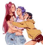  3girls black_hair braid closed_mouth commentary english_commentary eyebrow_piercing face_piercing girl_sandwich hand_on_another's_waist highres hood hoodie kpop_demon_hunters mira_(kpop_demon_hunters) multiple_girls open_mouth piercing pink_hair purple_hair purple_shirt rumi_(kpop_demon_hunters) sandwiched scar scar_on_arm scar_on_face scar_on_shoulder scar_on_stomach shirt simple_background single_braid smile twintails white_background white_shirt xian_(nykopoi) yellow_eyes yellow_hoodie yuri zoey_(kpop_demon_hunters) 