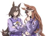  2girls animal_ear_fluff animal_ears bow brown_hair check_commentary closed_eyes commentary_request crossed_arms ear_ornament ear_wiggle hand_on_own_chin highres horse_ears horse_girl horse_tail horseshoe_ornament long_hair looking_at_another multicolored_hair multiple_girls open_mouth pink_eyes pipi_(pierce_cn) purple_sailor_collar sailor_collar school_uniform simple_background sirius_symboli_(umamusume) streaked_hair symboli_rudolf_(umamusume) tail tail_bow tail_ornament tracen_school_uniform umamusume very_long_hair white_background white_bow white_hair white_streaks winter_uniform 