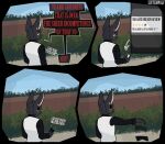 2026 4_panel_comic 5_fingers angry anthro artist_name bat big_ears biped black_body black_clothing black_ears black_fur black_shirt black_text black_topwear blue_sky cain_(suitedwolfie) cellphone character_name cheek_tuft claws clothing collared_shirt comic day destroying_object destruction detailed_background digital_drawing_(artwork) digital_media_(artwork) ear_piercing electronics eyewear facial_tuft fence finger_claws fingers fur glasses gold_glasses gold_piercing gold_star grass head_tuft hi_res holding_cellphone holding_object holding_phone holding_smartphone humor insecure interrupted_speech light male mammal markings notification offscreen_character onomatopoeia outside phone phone_screen piercing pink_inner_ear plant question_mark red_text review shaded shirt shrub sidewalk sky smartphone snout solo sound_effects standing suit suitedwolfie sunlight text topwear tuft watermark wearing_glasses white_body white_clothing white_fur white_markings white_suit wingless_bat wood wood_fence