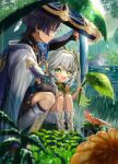  1boy 1girl anemo_symbol_(genshin_impact) anklet arm_on_thigh armlet asymmetrical_sidelocks black_bodysuit black_bridal_gauntlets black_hair black_shorts bloomers blue_cape blue_hat blue_jingasa blue_sleeves blunt_ends blurry blush bodysuit braid bridal_gauntlets cape closed_mouth colored_tips cross-shaped_pupils depth_of_field detached_sleeves dew_drop dress eyelashes eyeliner flower furisode gecko gem genshin_impact gold gold_anklet gold_armlet grass green_dress green_eyes green_gem green_hair green_sleeves hair_intakes hakama hakama_shorts half_crown_braid happy hat improvised_umbrella japanese_clothes jewelry jingasa kimono kumanee3 layered_sleeves leaf_umbrella leg_warmers lily_(flower) lily_pad looking_at_animal makeup mandarin_collar multicolored_hair mushroom nahida_(genshin_impact) open_mouth outdoors plant pleated_shorts pond purple_eyes purple_rope rain red_eyeliner rope scaramouche_(genshin_impact) short_sleeves shorts shoulder_peek side_cape sidelocks sitting smile socks spinocrocodile_(genshin_impact) squatting stirrup_footwear symbol-shaped_pupils tsurime vision_(genshin_impact) wanderer_(genshin_impact) water_drop white_bloomers white_hair white_kimono white_leg_warmers white_sleeves white_socks white_trim yellow_flower yellow_pupils 