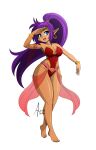  1girl absurdres aizasama4 alternate_costume artist_name barefoot blue_eyes bracelet commentary dark-skinned_female dark_skin earrings english_commentary eyelashes full_body hand_up headpiece highres jewelry leotard long_hair open_mouth pointy_ears ponytail purple_hair red_leotard shantae shantae_(series) shiny_skin simple_background smile solo strapless strapless_leotard teeth toes upper_teeth_only white_background 