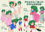  1girl aerobics apron aqua_pants aqua_tank_top arabian_clothes armpits arms_up bare_arms bare_legs barefoot black_shoes blue_eyes blue_leotard blue_veil blush bow bow_hairband bra bracelet breasts chef_hat chinese_clothes commentary_request cooking dress flipping_food food footwear_bow frilled_dress frills frying_pan gold_bracelet gold_collar green_hair green_shoes grid_background hairband hand_up hands_up harem_pants hat high_ponytail highres holding holding_frying_pan holding_microphone idol jewelry kneehighs leaning_forward leg_warmers leotard long_sleeves looking_at_food looking_at_viewer mandarin_collar medium_hair microphone mouth_veil multiple_views nanako_(nanako_sos) nanako_sos neck_ring nightgown nka_46 official_alternate_costume one-piece_swimsuit open_mouth pancake pants pink_bow pink_dress pink_hairband pink_nightgown polka_dot polka_dot_dress ponytail puffy_short_sleeves puffy_sleeves red_bow red_bra red_leg_warmers red_shirt red_shoes red_skirt shirt shoes short_hair short_ponytail short_sleeves singing skirt sleeved_leotard small_breasts smile socks standing star_(symbol) swimsuit tank_top thighs translation_request underwear veil waist_apron white_apron white_hat white_one-piece_swimsuit white_socks wristband yellow_hairband 