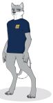  2021 anthro biped black_nose blue_clothing blue_eyes blue_t-shirt bottomless canid canine canis clothed clothing digital_drawing_(artwork) digital_media_(artwork) eyebrows front_view full-length_portrait fur grey_body grey_eyebrows grey_fur inner_ear_fluff looking_at_viewer male mammal mascot obuda_university portrait shirt simple_background smile solo standing topwear tuft unknown_artist white_background wolf 
