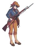  1girl bangs bayonet blue_shirt blush boots breasts brown_footwear brown_headwear brown_pants brups_tv collared_shirt commission cowboy_hat gun hair_behind_ear hat highres holding holding_gun holding_weapon large_breasts original pants red_bandana rifle shirt shirt_tucked_in short_twintails solo twintails weapon western 