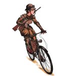  1girl absurdres arm_wrap bicycle body_armor boots breasts brown_boots brown_gloves brown_hair brown_pants canteen chinstrap commentary english_commentary f3lla fallout fallout:_new_vegas fingerless_gloves gloves goggles goggles_on_headwear gun gun_on_back gun_sling helmet highres holding holding_canteen leg_wrap looking_to_the_side medium_breasts military_combat_uniform military_uniform ncr_trooper new_california_republic pants pith_helmet pouch riding riding_bicycle rifle short_hair shoulder_pads simple_background soldier solo weapon weapon_on_back white_background 