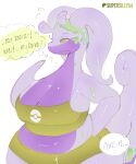 2026 anthro artist_name big_breasts bottomwear breasts cleavage clothed clothing dialogue english_text eyebrows eyelashes female generation_6_pokemon goodra green_eyes hi_res huge_breasts midriff nintendo offscreen_character pokemon pokemon_(species) shirt shorts sketch slime solo supersilly64 tank_top text thought_bubble topwear wide_hips