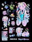  artist_name asterisk_(symbol) black_background blueberry cd_player character_name charm_(object) cherry chibi disc earbuds earphones floppy_disk food fruit hair_ornament headphones heart hello_kitty_(character) highres ipod melps mp3_player musical_note musical_note_hair_ornament nitroplus pink_eyes pink_hair plate play_button print_shirt pudding sanrio shirt spoon star_(symbol) stuffed_animal stuffed_toy super_sonico teddy_bear 