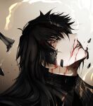  1boy absurdres anjens black_eyes black_hair blood blood_from_mouth blood_on_face broken_mask canon_event commentary crying crying_with_eyes_open english_commentary english_text highres horns long_hair male_focus mask nosebleed parted_lips shadow_slave shards solo source_quote sunny_(shadow_slave) tears 