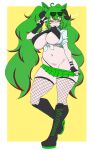  1girl absurdres animal_ears black_boots black_gloves blush boots breasts cat_ears clothes_in_mouth clothes_pull commentary doce english_commentary eyewear_on_head fishnets gloves green_hair gyrodark_(vtuber) hand_on_own_hip highres horns indie_virtual_youtuber midriff mouth_hold navel navel_piercing panties piercing sheep_horns shirt shirt_in_mouth skirt skirt_pull smile solo stomach thong thong_panties tied_shirt twintails underwear v virtual_youtuber wide_hips 