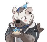  1boy arknights birthday birthday_cake black_hair black_jacket blush cake chibi chibi_only closed_eyes commentary_request ear_piercing eyebrow_piercing face_piercing food furry furry_male grey_shirt hat highres holding holding_cake holding_food hyena_boy hyena_ears hyena_tail infection_monitor_(arknights) jacket male_focus multicolored_hair open_mouth party_hat piercing shirt smile spot_(arknights) spotted_fur streaked_hair w_a_t_e_r_b_e_d white_background 