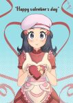  absurdres apron barrette blue_eyes blue_hair blush breasts dawn_(pokemon) dress english_commentary food fruit gift hat heart highres laceysx lipstick looking_at_viewer makeup medium_breasts medium_hair pokemon pokemon_(game) pokemon_dppt pokemon_masters_ex red_dress ribbon strawberry valentine 
