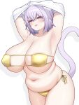  1girl animal_ears armpits bikini blush breasts cat_ears cat_girl cat_tail curvy eyepatch_bikini gold_bikini highres hololive huge_breasts looking_at_viewer mochigomemcmc navel nekomata_okayu plump purple_eyes purple_hair side-tie_bikini_bottom simple_background solo stomach swimsuit tail white_background 