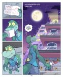 2026 4_fingers 4_toes address anole anthro anti_dev bag barefoot big_bulge blockage_(layout) blue_clothing blue_shirt blue_tank_top blue_topwear border bottomwear building bulge clothed clothed_anthro clothed_male clothing colored comic countershade_face countershading digital_drawing_(artwork) digital_media_(artwork) english_text feet fingers four_frame_image full_moon fully_clothed green_body green_eyes green_skin hesitant hi_res holding_object holding_paper inner_monologue jim_rat lizard looking_at_another looking_at_object male moon night outside paper reptile scalie shaded shirt sidewalk silhouette solo tank_top text thinking toes topwear tripp_(anti_dev) white_border yellow_sclera