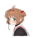  1girl :o antenna_hair black_shirt blush brown_hair cardcaptor_sakura cropped_torso from_side green_eyes hair_bobbles hair_intakes hair_ornament highres kinomoto_sakura komori_kamome looking_at_viewer looking_to_the_side neckerchief parted_lips sailor_collar school_uniform shirt short_hair sidelocks simple_background solo tomoeda_elementary_school_uniform white_background white_neckerchief white_sailor_collar 