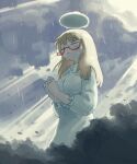  1girl absurdres artist_name blonde_hair breasts buttons closed_eyes closed_mouth cloud cloudy_sky crying dress egg egg_(food) egg_hair_ornament egg_yolk english_commentary falling_leaves food food-themed_hair_ornament food_on_head fried_egg frills giant giantess glasses hair_ornament halo highres kurohanenone leaf light_rays long_hair medium_breasts object_on_head own_hands_clasped own_hands_together praying rain red-framed_eyewear shimeji_simulation sky sunbeam sunlight tree white_dress yamashita_majime 