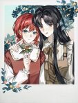  2girls :p absurdres ahoge awa_subaru black_hair blue_eyes brown_dress brown_necktie closed_mouth commentary_request dress ekcl93 flower frilled_sleeves frills frown girls_band_cry hand_on_another's_shoulder highres holding holding_flower iseri_nina leaf long_hair looking_at_viewer multiple_girls necktie orange_flower parted_bangs purple_eyes red_hair red_sweater_vest short_twintails sidelocks smile striped_clothes striped_necktie sweater_vest tongue tongue_out twintails upper_body 
