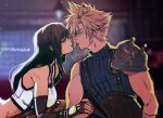  1boy 1girl armor artist_name bare_shoulders black_gloves black_hair blonde_hair blue_eyes blurry blurry_background blush bracelet breasts cloud_strife couple crop_top earrings elbow_gloves english_commentary eye_contact face-to-face final_fantasy final_fantasy_vii final_fantasy_vii_remake fingerless_gloves from_side gloves hetero highres imminent_kiss indoors jewelry large_breasts leaning_forward long_hair looking_at_another materia parted_lips profile red_eyes ribbed_sweater short_hair shoulder_armor sleeveless sleeveless_turtleneck spiked_hair stardreamiie stud_earrings suspenders sweater tank_top tifa_lockhart turtleneck turtleneck_sweater upper_body white_tank_top 