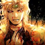  1boy birthmark black_shirt blonde_hair blood blood_from_neck blood_on_clothes blood_on_face blood_on_hand chain chinese_commentary clenched_teeth commentary commentary_request dated dio_brando ear_birthmark earrings evil_grin evil_smile green_headband grin headband heart_ornament highres hoop_earrings jacket jewelry jojo_no_kimyou_na_bouken male_focus medium_hair red_eyes scar scar_on_neck sherytan shirt signature smile solo stardust_crusaders teeth turtleneck turtleneck_shirt vampire yellow_jacket 