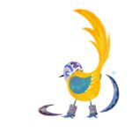  back bird blue_wings commentary hockey_mask killer_(one_piece) long_tail mask one_piece pikaole simple_background sparkle white_background wings yellow_bird 