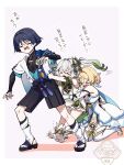  >_< 1boy 2girls absurdres anklet arm_at_side arm_cutout armlet armor belt black_belt black_bodysuit black_bow black_bridal_gauntlets black_gloves black_hair black_sandals black_shorts blonde_hair bloomers blue_cape blue_feathers blue_gem blue_kimono blue_sleeves blue_trim blunt_ends bodysuit border bow breasts bridal_gauntlets cape choppy_bangs cleavage closed_eyes clothing_cutout colored_tips covered_collarbone crying detached_sleeves dress facing_another facing_viewer feather_hair_ornament feathers full_body furrowed_brow gem genshin_impact gloves gold gold_anklet gold_ring gold_shoes grabbing_from_behind gradient_hair green_gem green_hair green_sleeves grey_background hair_intakes hair_ornament hakama hakama_shorts halterneck hand_on_own_arm hand_up hands_on_another's_waist highres hug hug_from_behind japanese_armor japanese_clothes jewelry juban kimono kneeling kote kurokote layered_sleeves leaf leaf_hair_ornament leg_warmers long_hair lumine_(genshin_impact) mandarin_collar medium_breasts medium_dress middle_ring multicolored_hair multiple_girls nahida_(genshin_impact) oishii_sasa open_clothes open_hands open_kimono open_mouth outstretched_arms partially_fingerless_gloves pleated_shorts pointy_ears pom_pom_(clothes) purple_rope purple_sash rope sandals sash scaramouche_(genshin_impact) shoes short_dress short_hair short_sleeves shorts shoulder_peek side_cape side_ponytail sidelocks single_bare_shoulder socks stirrup_footwear stirrup_legwear streaming_tears sweat sweatdrop tassel tears thighhighs toeless_legwear toes translation_request trembling vision_(genshin_impact) wanderer_(genshin_impact) white_bloomers white_border white_dress white_hair white_kimono white_leg_warmers white_sleeves white_socks white_thighhighs white_trim yellow_feathers zouri 
