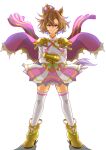  1girl animal_ears armor boots breasts cape commentary_request crossed_arms crown full_body gold_boots gold_corset hair_between_eyes highres horse_ears horse_girl horse_tail long_sleeves looking_at_viewer mini_crown orange_hair orange_tail pink_cape pink_crown purple_eyes shirt short_hair shoulder_armor simple_background skirt smile solo t.m._opera_o_(o_sole_suo!)_(umamusume) t.m._opera_o_(umamusume) tail thighhighs two-tone_skirt umamusume white_background white_shirt white_thighhighs zukki_(bijitaru) 