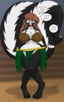  10:16 2020 after_transformation anthro barefoot big_breasts black_body breasts brown_hair coconut_bra english_text female hair hi_res hula_hoop looking_down mammal mephitid pigeon_toed runningtoaster skunk solo standing text unseen_character white_body wide_hips 