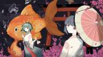  2girls air_bubble animal blunt_bangs blunt_ends blunt_sidelocks branch bubble cherry_blossoms chinese_commentary closed_mouth commentary dark_background feet_out_of_frame fish flower goldfish green_hair grey_background grey_skirt gumi hairband hakama hatsune_miku holding_kinchaku japanese_clothes kinchaku long_sleeves looking_at_viewer looking_back looking_to_the_side medium_hair multiple_girls nadeshiko_iro_heart oil-paper_umbrella oversized_animal pale_skin parted_lips pink_flower pink_umbrella pouch sidelocks skirt smile torii two-tone_umbrella umbrella vocaloid white_hairband white_hakama white_umbrella wide_sleeves wo_shi_huang_di 