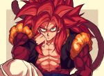  abs bare_pecs biceps closed_mouth dragon_ball dragon_ball_gt fusion_dance gogeta green_eyes hand_on_own_cheek hand_on_own_face head_rest highres looking_at_viewer male_focus manly metamoran_vest monkey_boy monkey_tail muscular muscular_male no_nipples pants pectorals red_fur red_hair relio_db318 sitting solo spiked_hair super_saiyan super_saiyan_4 tail white_pants 