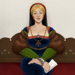  1girl blonde_hair breasts cleavage closed_mouth commentary english_commentary fur_(clothing) goblin_bin headdress highres holding jewelry necklace original sitting smile solo tudor 