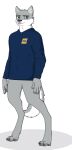  2021 anthro biped black_nose blue_clothing blue_eyes blue_sweatshirt bottomless canid canine canis clothed clothing digital_drawing_(artwork) digital_media_(artwork) eyebrows front_view full-length_portrait fur grey_body grey_eyebrows grey_fur inner_ear_fluff looking_at_viewer male mammal mascot obuda_university portrait shirt simple_background smile solo standing topwear tuft unknown_artist white_background wolf 