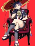  1boy arm_at_side armor black_bodysuit black_hair black_kimono black_sandals black_shorts black_sleeves blunt_ends bodysuit colored_inner_hair couch covered_collarbone crossed_legs elbow_rest eyeliner frilled_sleeves frills furisode genshin_impact glowing_pupils gold gold_trim grey_veil hand_on_own_face hat japanese_armor japanese_clothes jewelry jingasa juban kimono kote kurokote layered_sleeves looking_at_viewer makeup male_focus mitsudomoe_(shape) multicolored_hair neck_ring on_couch open_mouth purinigax purple_eyes purple_hair purple_pupils purple_rope red_background red_eyeliner red_hat red_kimono rope sandals scaramouche_(genshin_impact) shimenawa short_sleeves shorts single_sode solo stirrup_legwear streaked_hair tassel tilted_headwear toeless_legwear toenails tomoe_(symbol) tsurime veil white_kimono white_rope white_trim wispy_bangs zouri 