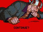  1boy bandana billy_kane black_suit blonde_hair blood blood_from_forehead blood_on_face blood_on_hand blue_hair clenched_hands collared_shirt earrings english_commentary fatal_fury formal_clothes highres injury jewelry looking_afar lying male_focus on_stomach partially_unbuttoned pectorals plasticcero99 purple_shirt red_background shirt short_hair simple_background solo striped_suit suit the_king_of_fighters wiping_mouth 