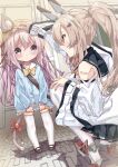  2girls age_difference animal_ear_fluff animal_ears ayanami_(azur_lane) azur_lane bandaid bandaid_on_arm bell black_sailor_collar blue_shirt bow bowtie buttons cat_ears cat_girl cat_tail child comforting ears_through_headwear hair_ornament hair_ribbon hand_on_own_knee hat headpat height_difference highres indoors industrial_pipe jacket jingle_bell kindergarten_uniform kisaragi_(azur_lane) lifebuoy_ornament long_hair looking_at_another mary_janes mechanical_ears multiple_girls pink_hair pink_tail ponytail purple_eyes raised_inner_eyebrows red_ribbon ribbon rudder_footwear sad sailor_collar sawada_takiguchi school_hat shirt shoes shoulder_strap skirt squatting tail tail_bell tail_bow tail_ornament tearing_up tears thighhighs tiles white_hair white_jacket yellow_bow yellow_bowtie yellow_eyes yellow_skirt 