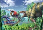  bamboo blue_sky cloud commentary_request day dinosaur dinosaur_request feathered_dinosaur feathers full_body grass highres monster mountain no_humans open_mouth original outdoors scales sky snake stinger teeth tree water wet yatsukahagi 