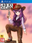 1girl alternate_costume artist_name belt blush boots breasts brown_belt brown_boots brown_pants closed_mouth collared_shirt commentary content_rating cover cowboy cowboy_hat crescent crescent_hair_ornament english_commentary fake_cover game_console gun hair_ornament handgun hat highres holding holding_gun holding_weapon long_hair long_sleeves medium_breasts pants patchouli_knowledge playstation_4 purple_eyes purple_hair purple_vest red_dead_redemption_(series) red_dead_redemption_2 shirt solo striped_clothes striped_shirt tloas touhou vertical-striped_clothes vertical-striped_shirt vest video_game_cover weapon weapon_request white_shirt 