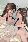  2boys ahoge alternate_costume androgynous bare_legs bare_shoulders bathrobe bishounen black_hair blue_eyes chinese_clothes collarbone commentary_request couple grandmaster_of_demonic_cultivation grey_eyes hair_down hair_ribbon half_updo hands_on_another's_shoulders hanfu headband highres hug kadaka_mr lan_wangji long_hair looking_at_another male_focus multiple_boys nipples off_shoulder official_alternate_hairstyle open_clothes open_mouth open_robe pectorals ribbon robe sidelocks sitting sitting_on_lap sitting_on_person smile straddling topknot twitter_username wei_wuxian wei_wuxian_(yiling_laozu) wet white_headband white_robe wide_sleeves xiao_guan_(headdress) yaoi 