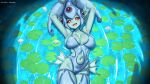  1girl armpits blue_one-piece_swimsuit breasts cleavage clothing_cutout collarbone colored_sclera colored_skin cowboy_shot digimon digimon_(creature) eyelashes fins green_skin head_fins highres large_breasts luiiferu navel one-piece_swimsuit partially_submerged ranamon red_eyes red_sclera slit_pupils solo stomach_cutout swimsuit 