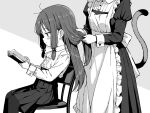  2girls adjusting_hair apron blush book cat_girl cat_tail chair closed_mouth dress from_side greyscale hair_bobbles hair_ornament hairdressing highres holding holding_book long_hair long_sleeves maid maid_apron monochrome multiple_girls on_chair open_book original pantyhose shirt_tucked_in sidelocks sitting skirt tail yuuji_overall 