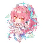  1girl absurdres aemeath_(wuthering_waves) ahoge breasts chibi chibi_only commentary_request glitch hair_ornament hand_up highres holding holding_microphone leotard long_hair looking_at_viewer medium_breasts microphone orange_eyes paper_airplane pink_hair ponytail sagi_(sagi_0116) simple_background smile solo star-shaped_pupils star_(symbol) symbol-shaped_pupils waving white_background white_leotard wuthering_waves 