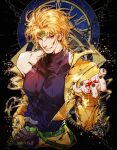  1boy armor belt birthmark black_nails black_shirt blonde_hair blood blood_on_clothes blood_on_face blood_on_hand bracelet chain chinese_commentary clock colored_skin commentary commentary_request dated dio_brando ear_birthmark earrings fusion gears green_belt green_headband grey_skin headband heart_ornament highres hoop_earrings jacket jewelry joestar_birthmark jojo_no_kimyou_na_bouken licking_lips long_sleeves male_focus muscular muscular_male off-shoulder_jacket off_shoulder pants red_eyes roman_numeral sherytan shirt signature sleeveless sleeveless_shirt solo stardust_crusaders suspenders the_world_(stand) tight_clothes toned toned_male tongue tongue_out turtleneck turtleneck_shirt yellow_armor yellow_jacket yellow_pants 