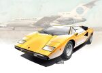  2025 aircraft airplane airplane_wing airport american_flag artist_name blue_sky boeing_727 car commentary_request copyright_notice dated jet_airliner lamborghini lamborghini_countach landing_gear logo motor_vehicle nimbus_goldbrum no_humans original outdoors pan_american_world_airways realistic runway shadow sky sports_car steering_wheel vehicle_focus watermark 