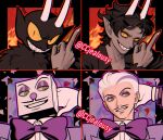  4boys arm_behind_head black_hair bow bowtie chinese_commentary colored_sclera commentary_request cuphead_(game) czy_(2894456992) demon_boy demon_horns dual_persona evil_grin evil_smile facial_hair fire gloves green_eyes grin hair_slicked_back horns humanization humanoid_and_humanization jacket king_dice male_focus middle_finger multicolored_hair multiple_boys mustache purple_bow purple_bowtie purple_hair purple_jacket sharp_teeth smile streaked_hair teeth the_devil_(cuphead) traditional_bowtie tuxedo twitter_username two-tone_hair watermark white_gloves white_hair yellow_sclera 