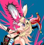  1girl ahoge animal_ears bangs bare_shoulders black_choker blonde_hair breasts chainsaw_man choker clown denji_(chainsaw_man) fox_ears fox_girl hair_ornament hat heart hololive looking_at_viewer mochizuki_maya multicolored multicolored_eyes multicolored_hair omaru_polka open_mouth pink_hair purple_eyes short_hair smile solo virtual_youtuber 