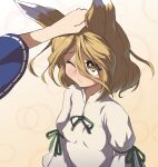  2girls :/ animal_ears blonde_hair blue_sleeves breasts brown_pupils closed_mouth commentary_request covered_nipples fox_ears fox_girl green_ribbon hair_between_eyes headpat highres iizunamaru_megumu kudamaki_tsukasa long_hair_between_eyes long_sleeves looking_at_another multiple_girls one_eye_closed raised_inner_eyebrows ribbon ribbon-trimmed_sleeves ribbon_trim romper short_hair short_sleeves simple_background sleeve_ribbon small_breasts solo_focus syope touhou upper_body white_romper wide_sleeves yellow_eyes 