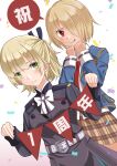  2girls :p blue_jacket bow bowtie brown_hair closed_mouth green_eyes hair_over_one_eye heaven_burns_red jacket kanyasu kayamori_ruka military_uniform multiple_girls nanase_nanami_(heaven_burns_red) necktie one_eye_covered open_clothes open_jacket red_eyes red_necktie short_hair string_of_flags teheperinko_(heaven_burns_red) tehepero tongue tongue_out white_bow white_bowtie 