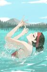  1girl ai-bon alternate_costume alternate_hairstyle arms_up cloud dancing fire_emblem fire_emblem_heroes green_eyes green_hair hair_bun headband highres lake looking_up mountain mountainous_horizon nature one-piece_swimsuit outdoors partially_submerged posing red_headband red_one-piece_swimsuit reflection ripples sky solo splashing sue_(fire_emblem) swimming swimsuit synchronized_swimming tree wet 