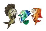 anatomically_correct aquatic barbel_(anatomy) bea_goldfishberg betta_(genus) blue_body blue_scales blue_theme braces bubble catfish cool_colors cyprinid cypriniform disney female fin fish fish_hooks frown goldfish gourami green_body green_scales group hybrid male milo_(fish_hooks) orange_body orange_scales oscar_(fish_hooks) realistic scales siamese_fighting_fish sibling_(lore) smile thekymay trio